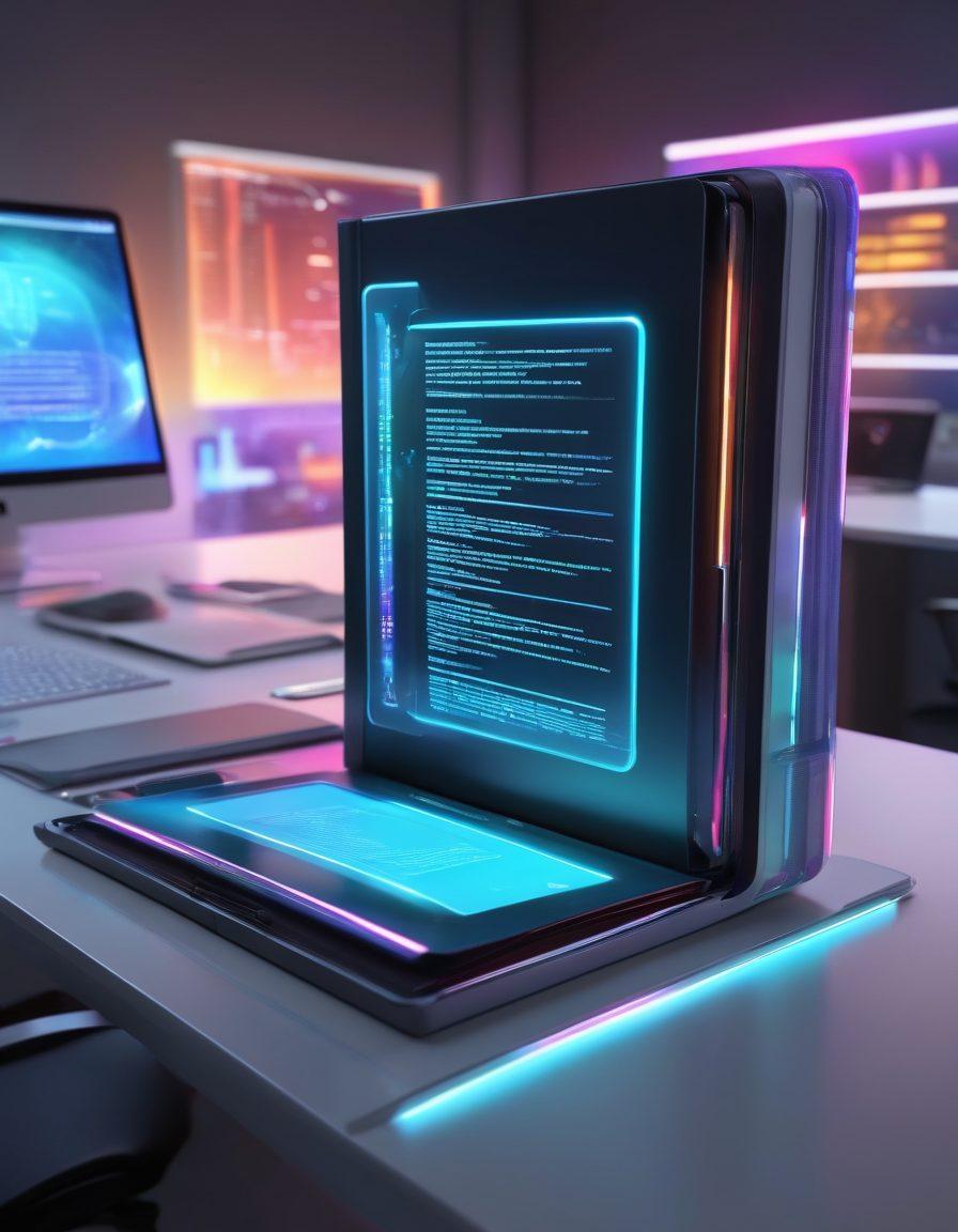 A sleek digital binder bursting with organized, color-coded tabs and documents flying seamlessly into place from various devices. The backdrop features a futuristic office with glowing holograms symbolizing smart technology integration. The scene exudes efficiency and innovation. vibrant colors. super-realistic.