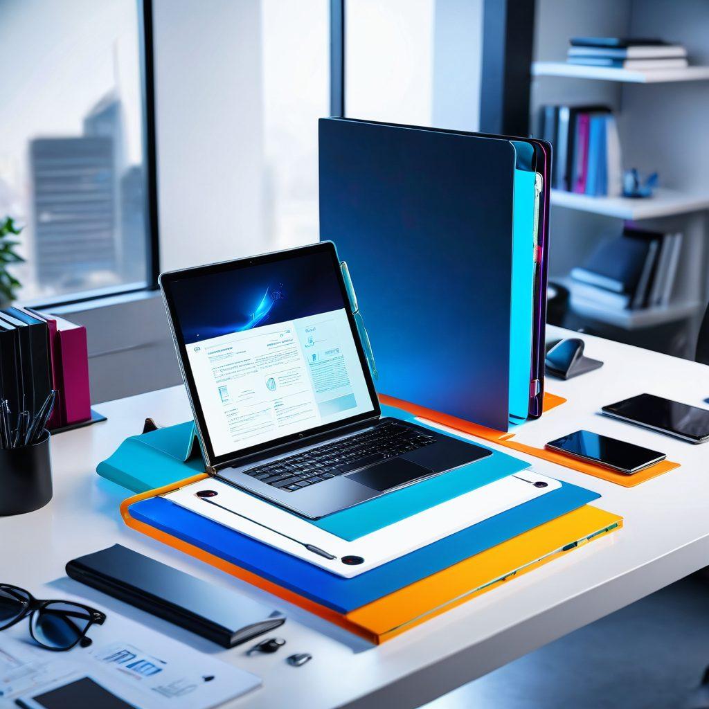 A sleek, futuristic binder transitioning from traditional paper sheets to dynamic, glowing digital screens, representing the shift to intelligent online document storage. The background features a blend of classic office elements morphing into a high-tech, digital workspace with vibrant, floating icons. Super-realistic. Vibrant colors. High-tech feel.