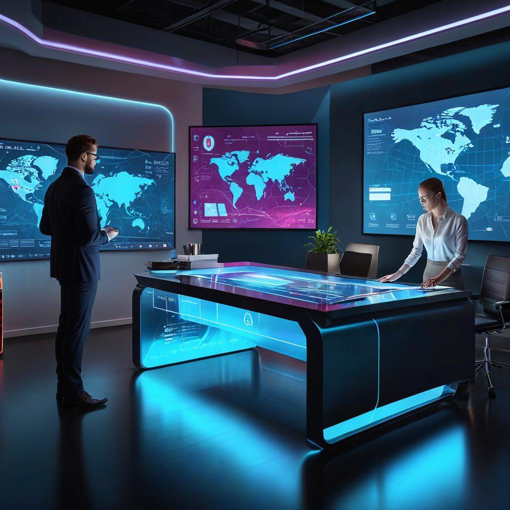 A sleek, modern office environment filled with holographic touchscreens, where diverse professionals interact seamlessly with 3D digital documents floating in the air. The SmartBinder logo prominently displayed on a smart desk, embodying futuristic and efficient document management. Vibrant interface elements and dynamic data flow illustrate intelligent web-based solutions. super-realistic. vibrant colors. high-tech ambiance.